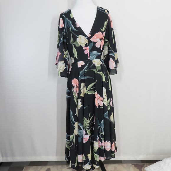 Yumi Kim Black Floral Open Back A-line V-neck Midi Dress Bell Sleeves Size Small - Picture 1 of 10